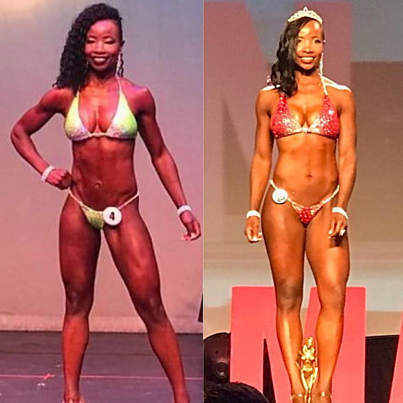 Betty competing on stage at a bodybuilding show