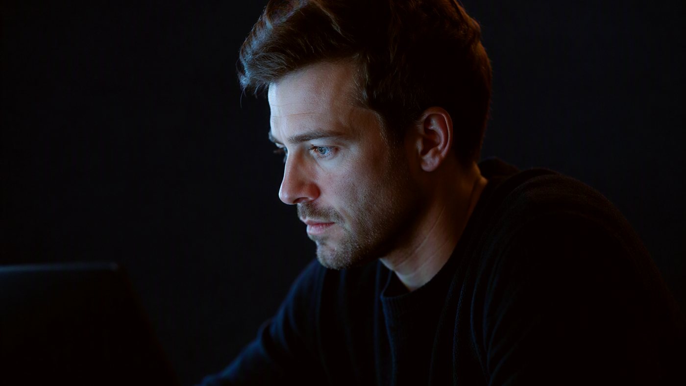 A man watching a screen just off camera, leaning forward, lit only by its glow.