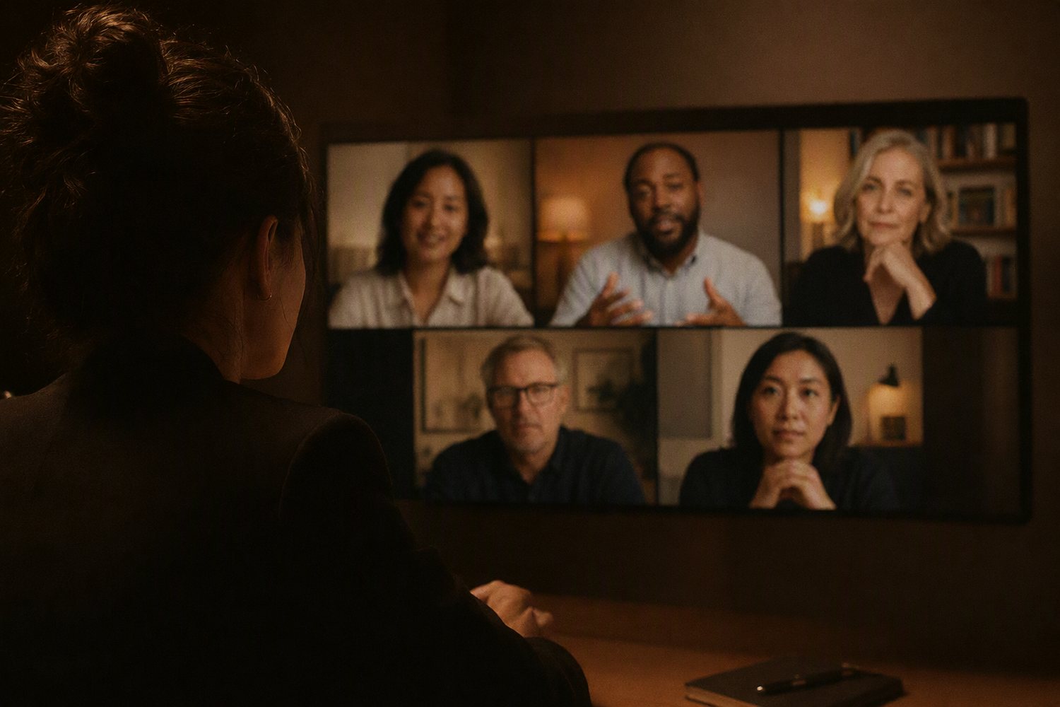 A host at her desk watching five other experts talking in separate video call frames on a large screen.