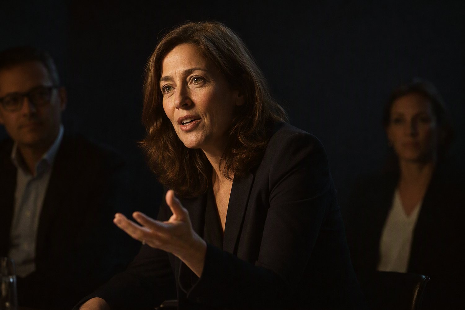 A panelist speaking, sharply lit, with the other experts listening in the darkness either side of her.