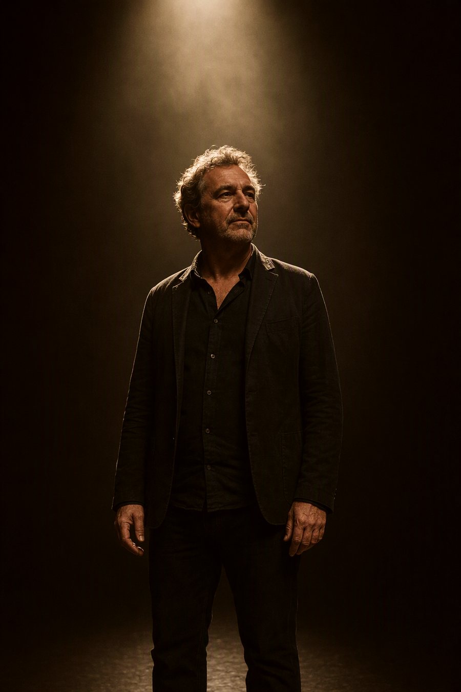 A man in his fifties standing still inside a hard column of warm light on a dark stage.