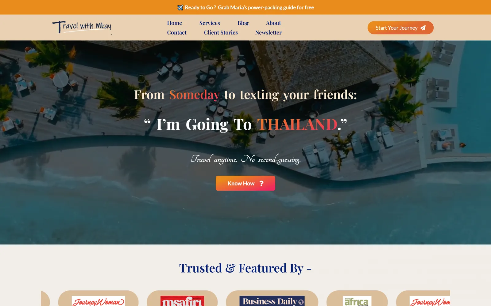 The rebuilt Travel with Mkay site: one clear promise and one button