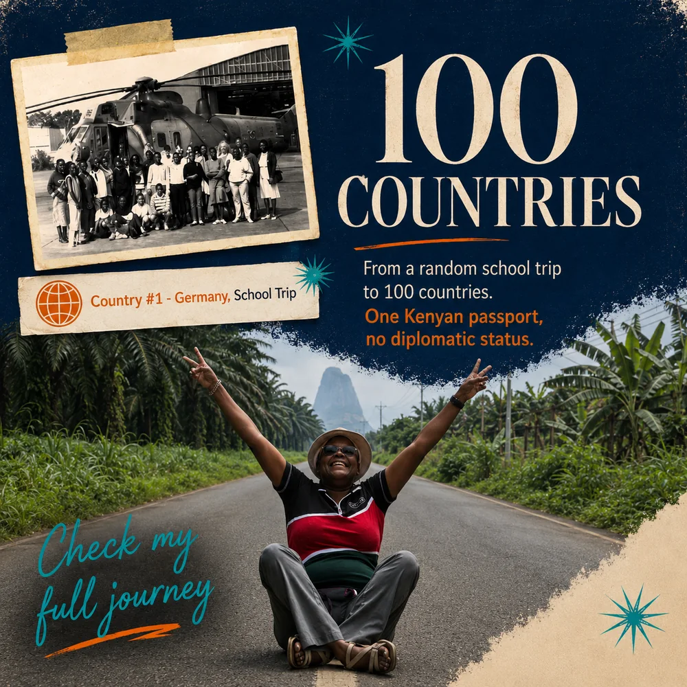 My 100 countries poster: from a random school trip to Germany, country number 1, to São Tomé and Príncipe, on one Kenyan passport